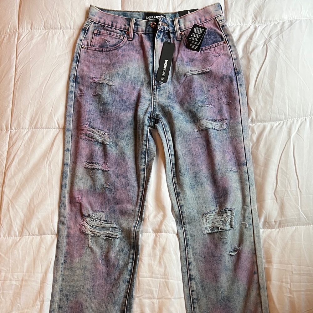 Women High Waist Jeans Straight Leg Jeans 100 %Cotton Ripped Jeans Size Small 5